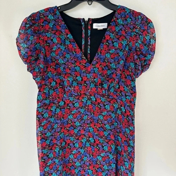 Calvin Klein Dress V-Neck Purple Red Chiffon Floral Cottage Flowy Romantic - Picture 4 of 9